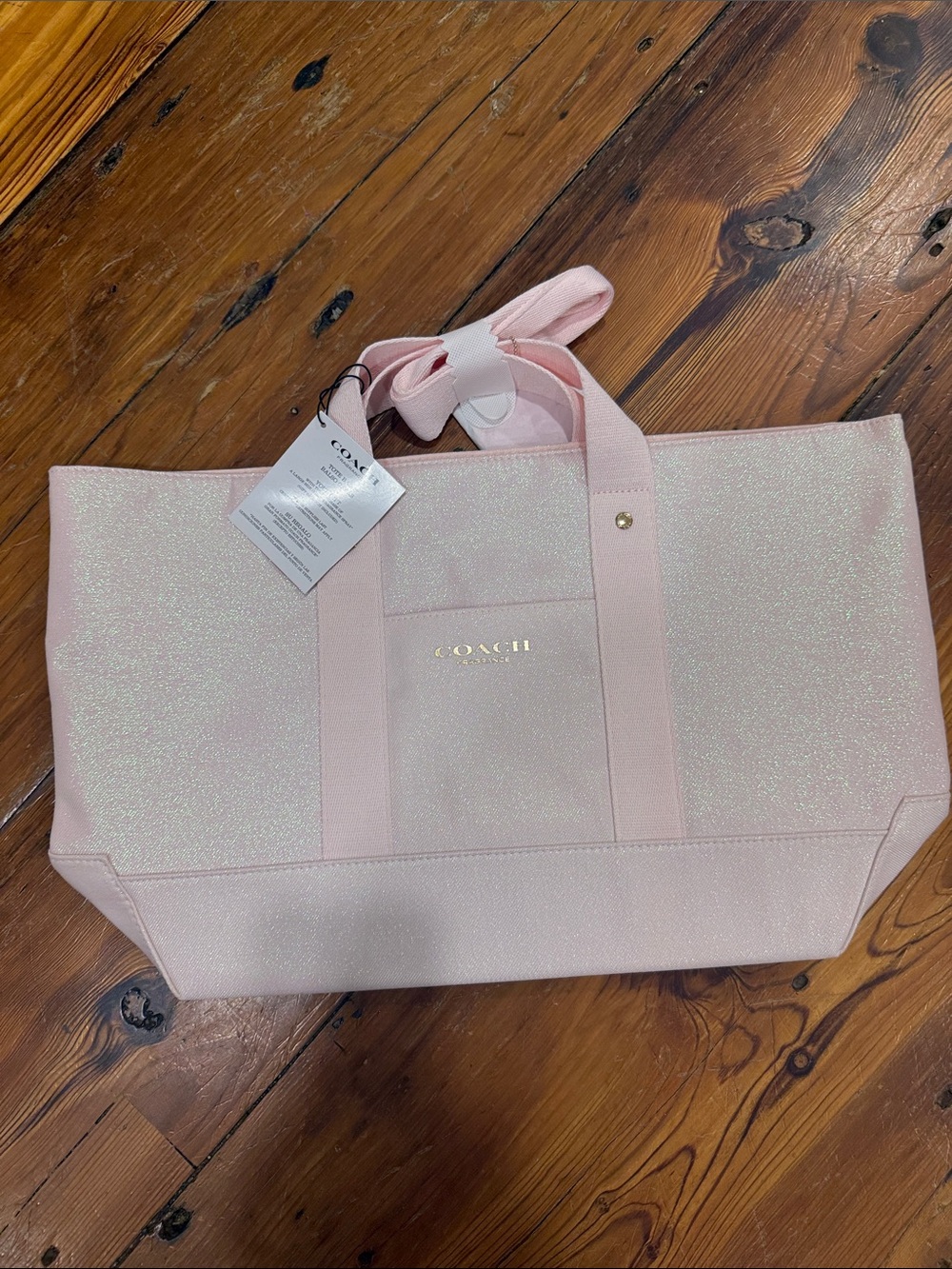 Coach Fragrance Pink Glitter Tote with Gold Logo flower keychain NWT